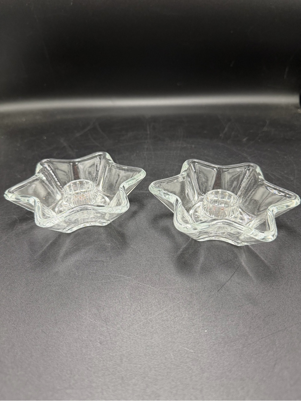 VTG Clear Glass Star Candle Holders Pair Taper Vintage 4.5 Table Decor